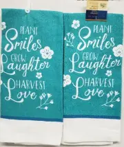 2 SAME PRINTED KITCHEN TOWELS(15"x25")PLANT SMILES,GROW LAUGHTER,HARVEST LOVE,GR