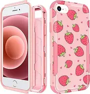 Plakill Strawberry Cute Heavy Duty Protective Case for iPhone SE 2020/2022/3rd Gen & iPhone 7/8, Thermoplastic Polyurethane, Pink, Fruits Pattern, Unisex, Protective, Heavy Duty Protection