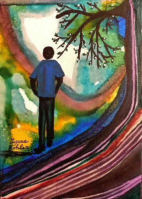 Original painting 5x7" figure person tree canvas panel by Lynne Kohler