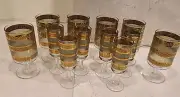 Vintage Culver Starlyte Gold And Green Banded Cordial & Wine Glasses Set of 12