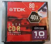 TDK 10 PACK DATA CD-R SLIM CASE 80 MINUTES 700 MB NEW SEALED