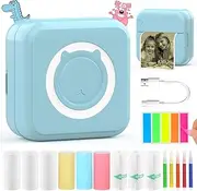 HuiJuKeJi Inkless Sticker Printer for iOS&Android Mini Thermal Printer with 10 Rolls Thermal Paper,Color Pen, Bluetooth Pocket Printer Smart Portable Receipt Printer for Photo Journal Notes Memo-Blue