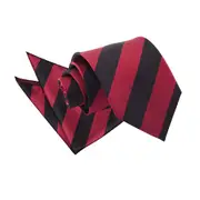 DQT Burgundy and Black Striped Tie and Pocket Square Set Black/Red