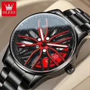 OLEVS Wheel Hub Watch for Men 360 Rotary Dial Sport Car Rim Stainless Steel Strap Waterproof Quartz Watches Relogios Masculino Red