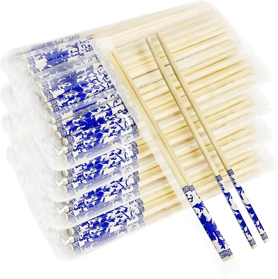 50 Pairs Disposable Blue Flower Bamboo Chopsticks, Restaurant, Individual Packag