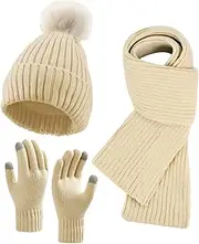 [Abitoncc] Winter Beanie Hat Scarf Gloves Set for Women, Fleece Knit Pompom Beanie Neck Warmer Long Scarf Touchscreen Gloves 3 in 1 Set