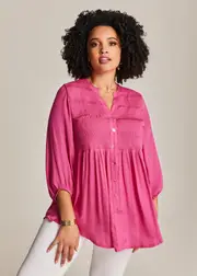 [TS] Taking Shape Shirred Luxe Button Tunic Size 16 in Azalea, Satin Feel - Plus Size Women's Clothing Azalea