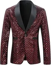 [Generic] Men's Luxury Sequins Suit Jacket Fashion Plaid Blazers for Wedding Prom Dress Single Button Blazers
