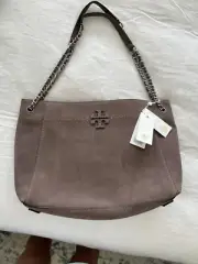 Tory Burch MCGRAW SUEDE CHAIN-SHOULDER SLOUCHY TOTE- Silver Maple- Size OS
