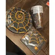 NWT HALLOWEEN PARTY Bundle Dessert Plates Napkins Cups Set Spider Web Spider