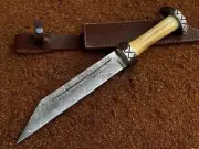 Custom Made Hand Forged Damascus Steel Viking/Medieval SAX knife w/Bone Grip