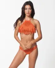 2X1 $109 NEW RIP CURL RISING SUN HI NECK TOP & HIPSTER BIKINI SET SMALL K96