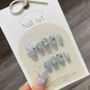 eovda - Snowflake Rhinestone Faux Nail Tips Translucent Light Blue - M