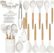 Generic 33 PCs, Kitchen Utensils Set, Non Stick Silicone Cooking Utensil Set, Wooden Handle, Heat Resistance, Gadgets Sets, Kitchen Spoons, Spatula Sets, Brush, Whisk, Tongs, Bucket (White), LSD-093