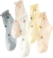 [Starella] Womens Cotton Ruffle Socks Summer Thin Mesh Lace Frilly Ankle Dress Sock 5 Pairs