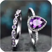 [AZQ] 925 Sterling Silver Shining Amethyst Ring Tear Drop Shape 3Ct Cubic Zirconia Promise Rings Set CZ Teardrop Halo Ring Eternity Engagement Wedding Band Ring Sets for Women