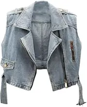 [OFFSUM] Women'S Denim Vest - Spring Summer Sleeveless Loose Waistcoat Jacket Solid Color Korean Style With Zipper Denim Vest Clothing Streetwear