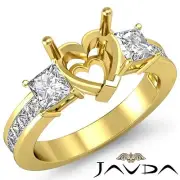 Princess Heart Semi Mount Three Stone Diamond Wedding Ring 14k Yellow Gold 1.1Ct