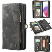 CaseMe For Samsung Galaxy A53 5G Zipper & Detachable Retro Leather Pouch Wallet Flip Purse Bag Detachable Phone Case Cover (Black)