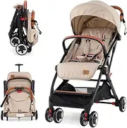 BABY JOY Lightweight Baby Stroller, Compact Toddler Travel Stroller for Airplane, Infant Stroller w/ 5-Point Harness, Adjustable Backrest/Footrest/Canopy, Storage Basket, Easy One-Hand Fold, Beige