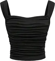 [OYOANGLE] Girl's Sleeveless Square Neck Wide Straps Ruched Tank Top Solid Slim Fit Crop Tops