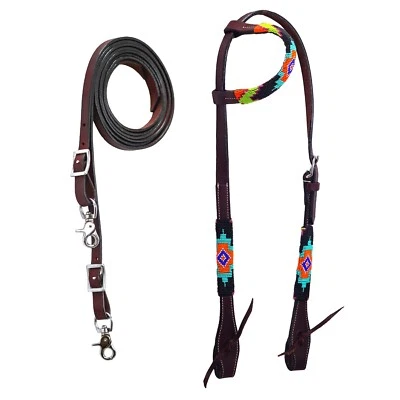 western Leather Equestrian Tooled Beaded Headstall,Breast Collar & Reins. (H077)
