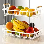 2 Tier Countertop Fruit Basket Bowl, Kitchen Counter Metal Wire Storage Produce Basket Fruits Stand Holder Organizer for Bread Snack Veggies Produce, White