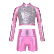 Kids Girls Glossy Metallic Jazz Dance Outfit Long Sleeve Sequins Crop Top Shorts Children Hip Hop Clothes Stage Dancewear Sets -ZHENV 12 Silver