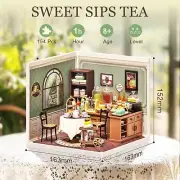 ROBOTIME DIY Miniature Tea House Dollhouse Kit with LED Light Sweet Sips Tea Mod