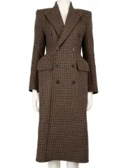 Brown Wool Houndstooth Long Coat