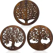 Beeveer 3 Pcs Life Tree Wooden Trivets Round Plates Hot Dishes Trivet Heat Resistant Hot Pan Holder Winter 8 Inch(Brown)