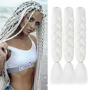 VCKOVCKO Solid White Jumbo Braiding Hair Extension Jumbo Box Braiding Hair Synthetic Fiber for Twist Braiding Hair 24",3 Bundles/Lot,White