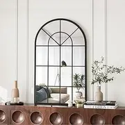 OGCAU Wall Mounted Mirror, Arched Wall Mirror, 30"x20" Arch Bathroom Mirror, Farmhouse Window Mirror with Iron Frame, Windowpane Mirror Wall Decor for Bedroom, Entryway, Living Room (Black)