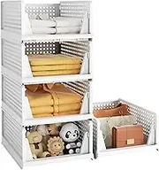 XX-Large Stackable Plastic Storage Basket, Foldable Closet Organizers and Storage Box Bins Drawer Shelf Storage Container for Cupboard Wardrobe Kitchen Bathroom Office (5 Pack, 43x38.5x25cm)