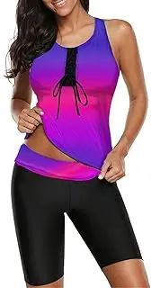 [Generic] Womens Color Block Tankini Swimsuits Athletic Print Cropped Pants Bathing Suits With Shorts Swim Sleeveless Tank Tops