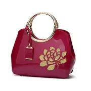 Women Handbag Leather Flower Pattern Satchel Charm Glossy Metal Grip Shoulder Bag-RoseRed