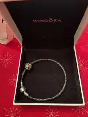 Pandora Jewelry Leather Black Small Bracelet and Butterfly Garden Charm Silver