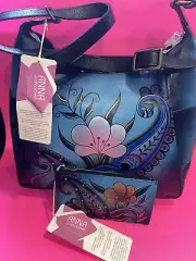 NEW! Anna by Anuschka Women’s Teal Paisley Leather Hobo & Organizer Wallet Set