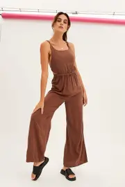 Brown Sleeveless Jumpsuit Wide Leg Viscose Linen - Size 14, Women's Jumpsuit