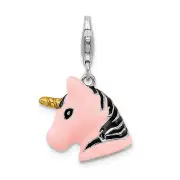 Amore La Vita Silver Polished 3-D Pink Enameled Unicorn Head Charm with Fancy L