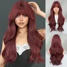 Long Wavy Wine Red Wig with Bang 28 Inch Burgundy Hair Synthetic Heat Resista...