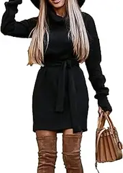 [Generic] Women's Fall Long Sleeve Mock Neck Dress Cocktail Pencil Dress Basic Party Club Bodycon Mini Dresses with Belt