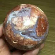 366g natural red cherry blossom agate Geode Sphere Crystal Ball Healing 56