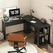 Oikiture L-Shaped Computer Desk Conrner Office Table Writing Desk with Storage Shelves Black
