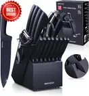 19-Pc Knife Block Set Black Stainless Steel Kitchen Knives 8 Steak 6 Chef Shears