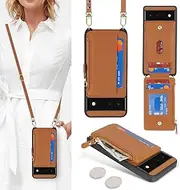 Cavor for Google Pixel 6 Case Wallet,Phone Case for Pixel 6 Crossbody Case with Strap,Pixel 6 Wallet Case for Women,Leather Zipper Pocket Card Holder Case-Brown