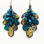 New Women's Blue and Teal Crystal Clusters Leaf Shaped Dangle Pierced Earrings