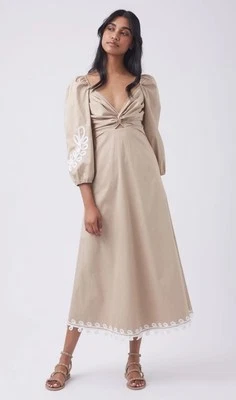 Decjuba Ladies Dress Size 16 Natalie Appliqué Midi BNWT $180 Shortbread Cotton