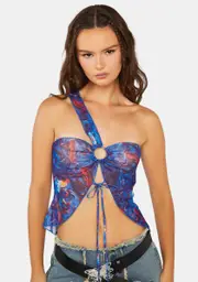 [Pretty Garbage] Swirl Print O-Ring Mesh Crop Top