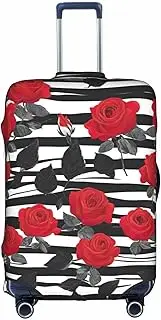 [CADREWY] Black White Stripes Red Rose Flowers Print Decorative Washable Luggage Cover Personalized Anti Scratch Suitcase Protector, White, Medium